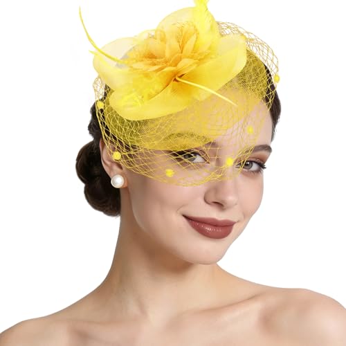 Semato Fascinators Hats for Women Mesh Feathers Elegant Yellow Tea Party Kentucky Hat Derby Headband with Hair Clip