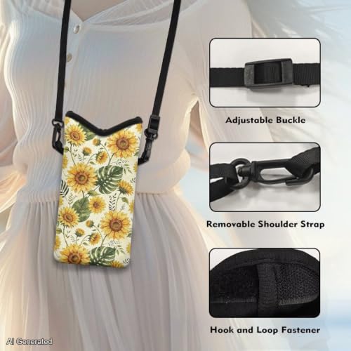 Image of Neoprene Phone Pouch with Detachable Crossbody Strap Portable Mobile Phone Bag Waterproof and Shockproof Crossbody Bags for iPhone 17 /16 /15 Pro, Sunflower Monstera Leaf Beige