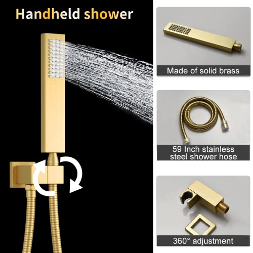 AYIVG Brushed Gold Full Body Shower System 3 In 1 Multi Function Waterfall Rainfall Ceiling 16 X 24 Inch Shower Head Brass 5 Way Thermostatic Shower Faucet with Handheld 6 Body Jets