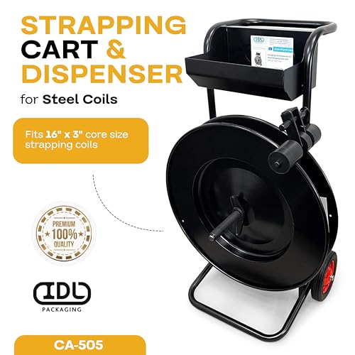 Image of IDL Packaging Strapping Cart & Dispenser for Steel Strapping, 16 inch x 3 inch Core | CA-505 for Steel Coils - Advanced Roller Brake System - Built-in Tray for Tools, Seals, and Gloves