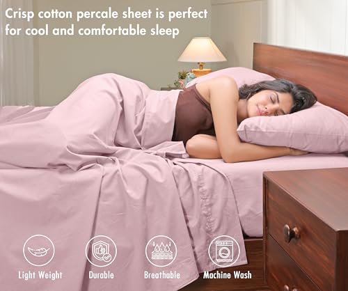 Image of RUVANTI 100% Cotton Percale Sheets California King - Crisp Cooling Summer Bed Sheets for Hot Sleepers, Deep Pocket 12 inch, Soft Peach Finish, Breathable & Durable Hotel-Style 4 Piece Set, Dusty Rose