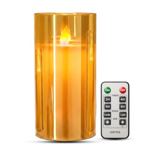 Image of LTETTES LED Flameless Pillar Candle | Amber Glass Cup with Real Wax | Flickering Wick| Battery Powered Electric Candle with Remote Control, Decorative Candle for Home, Bedroom, Living Room | H-6''