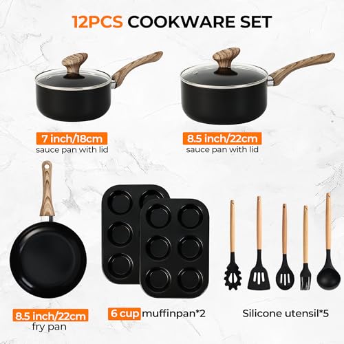 Bakeware and Cookware Set 12PCS, Induction Hob Pans and Pots Set w/Lids, Non-Stick Set with Frying Pans, Saucepans, Muffin Pan, Baking Sheet PFOA & PFOS Free - Image 3