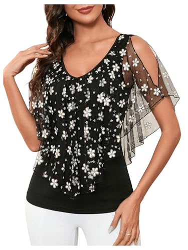 MakeMeChic Women's Floral Mesh Cold Shoulder Tees Top V Neck Cut Out Tee Shirt Tops