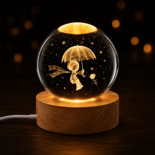 Image of Desidiya 3D Crystal Ball Night Light | Engraved Monsoon Boy Crystal Ball LED Night Light with Wooden Base, USB Powered | Romantic Home Decor & Rakshabandhan Gift for Bro, Him & Couples (Warm White)