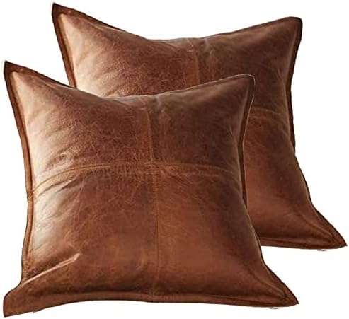 TOMJACK Lambskin Leather Pillow Cover - Chair, Bed, Chaise Lounge, Sofa Cushion Case - Decorative Throw Pillow Covers for Living Room & Bedroom 16 x 16 Inches - Tan Antique Box Pack of 2