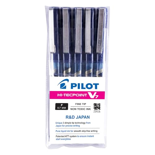 Pilot Hi-Tecpoint V7 0.7mm Fine Point Pure Liquid Ink Roller Ball Pen | Blue Ink, Pack Of 5