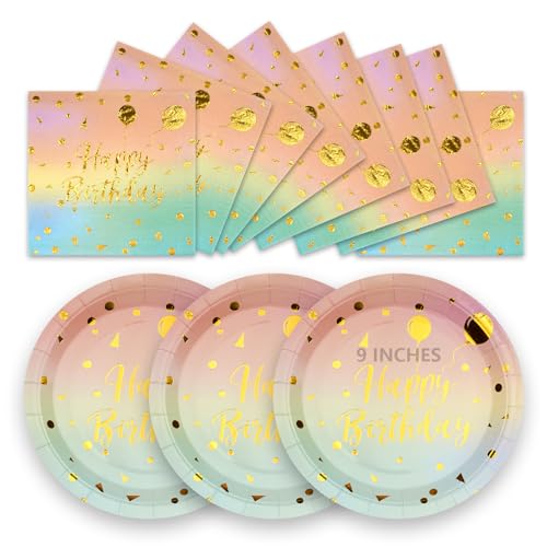 LAWALEISHE 50Pcs Happy Birthday Paper Plates and Napkins 9 Blue Pink Disposable Plates for Parties Paper Dessert Cake Plates Strong Party Tableware Set 25 Guests for Birthday Decorations