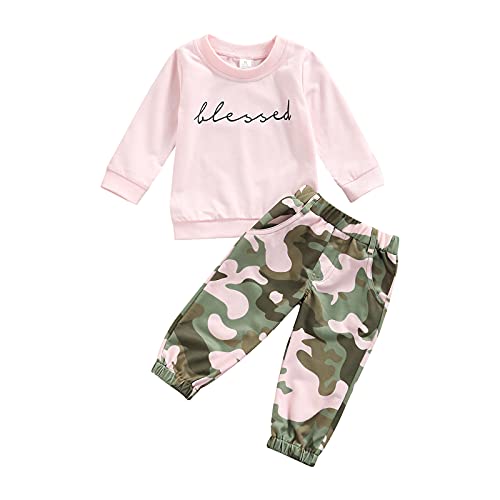 Mandizy Kids Toddler Girl Spring Fall Outfits Blessed Letter Print Long Sleeve Sweatshirt Tops And Camouflage Pants Clothes Set (Pink, 3-4T) #TOP4