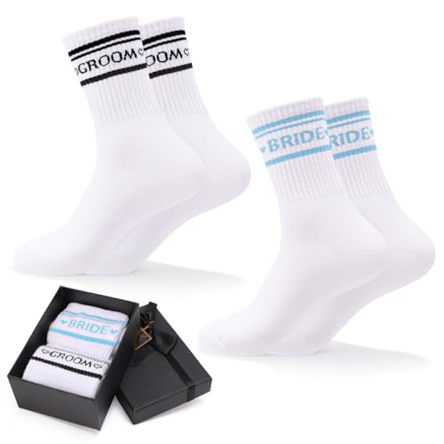 scenicamp Bride Socks for Wedding Day 2 Pairs - Bridal Groom Socks Bride to Be Something Blue Cotton Ankle Sock with Gift Box (White)