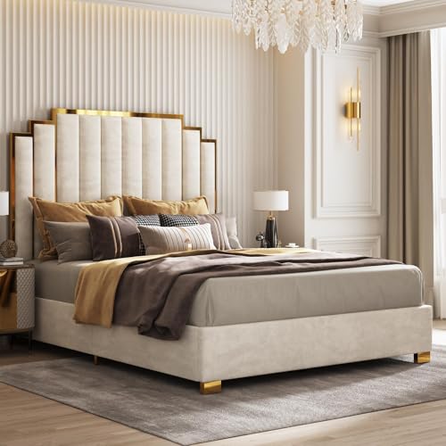 Image of AMERLIFE California King Size Upholstered Bed, Modern Velvet Bed Frame with 65.4 inch Tall Gold Trim Headboard, No Box Spring Needed, Cream