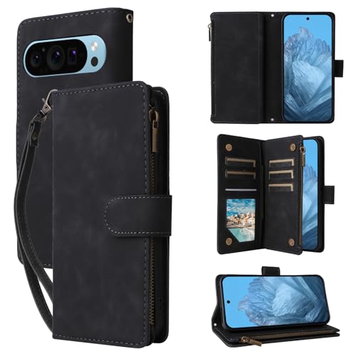 Housse protection Google Pixel 9a grande capacité 6 fentes cartes et dragonne noire