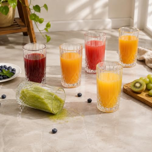 Image of bellemax Crystal Water Glasses, Set of 6, 360 ml, Highball Premium Drinking Glass for Juice, Cold Drinks, Cocktails, Mocktails, Beer, Milk, Multipurpose Usage, Heavy Base (BX-13)