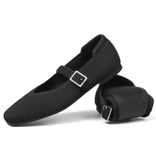 Image of CELNEPHO Flats for Women Mary Jane Shoes Casual Ballet Knit Flats Square Toe with Ankle Strap Dressy Comfortable Office Shoes