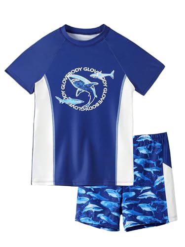 Kids Boys 2Pcs Rash Guard Sun Protection Swimsuit Shark Print Short Sleeve Swim Top and Shorts Set