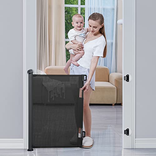 Image of Punch-Free Retractable Baby Gates, BabyBond 33 * 71 inches Extra Wide Baby Gate for Stairs Suitable for Kids or Pets Indoor and Outdoor Dog Gates for Doorways, Stairs, Hallways, Black