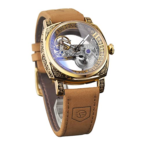 FORSINING Montre pour homme, tendance, classique, squelette carrée, cadran transparent, automatique, mécanique, bracelet en cuir, lumineux, étanche, doré, Sangle