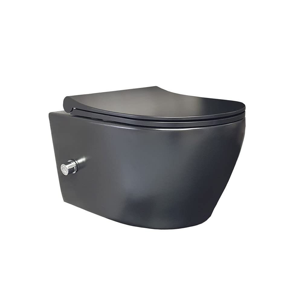 Aloni WC Schwarz Matt Wand-WC ohne Spülrand mit Taharet-Armatur