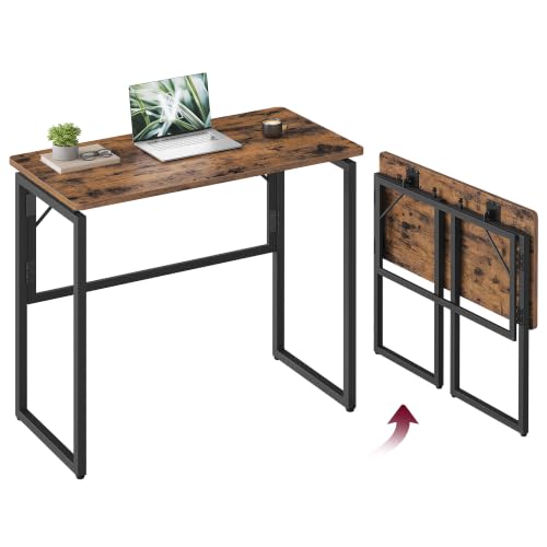 VASAGLE Folding Desk Foldable Computer Desk One-Piece Desktop Rounded Edges Small Folding Craft Table for Bedroom Balcony Camping Easy Assembly 31.5 x 15.7 Inches Rustic Brown ULWD151KD01