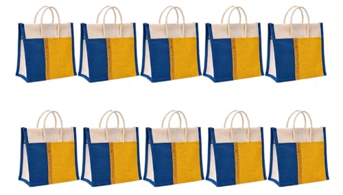 Image of Soman Jute Thamboolam Bags for Return Gifts Yellow and Royal Blue Combo - Pack of 10 bags
