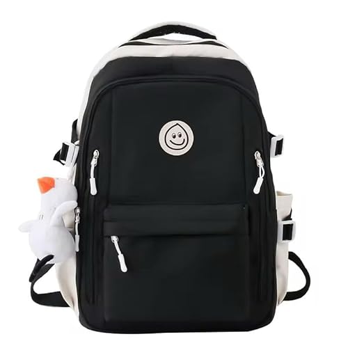 Cute Smiley Face School Backpack, Black and White, Multiple Compartments with Plush Charm