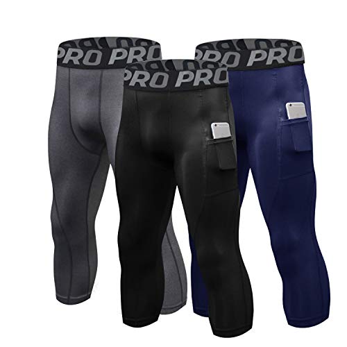 LANBAOSI Leggings de compressão 3/4 para homem, para equitação, caminhadas, treino, corrida, 3 unidades, preto, cinzento e azul-marinho, L, Preto, cinzento e azul-marinho, L