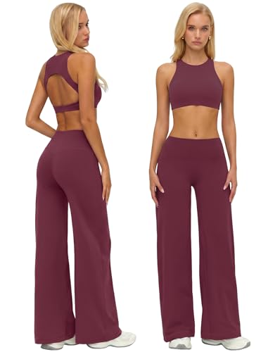 ABOCIW Workout Sets for Women 2 Piece Cutout Back High Neck Sports Bra Matching High Waist Tummy Control Wide Straight Leg Yoga Pants Gym Pilates Outfits Athletic Work Out Clothes Burgendy Red Large