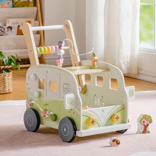 Image of ROBOTIME Wooden Baby Walker, Baby Push Walker, Ajustable Speed Multi-Functional Baby Walker with Wheels for Babies Learning to Walk, Sit-to-Stand (Green)