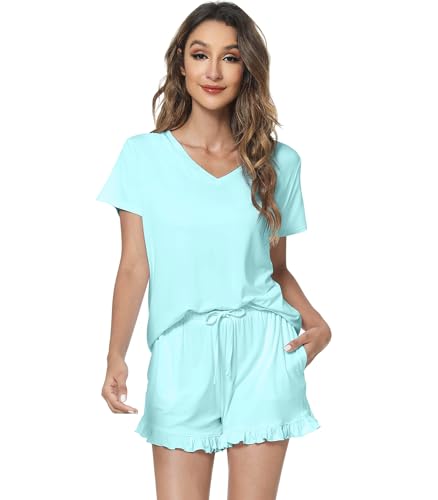 Image of WiWi Womens Pajamas Set Bamboo Viscose Super Soft Short Sleeve Top Ruffle Shorts Sleepwear Cooling Pj Sets S-XXL