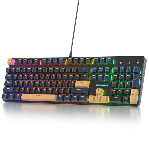 Image of surmen Full Size Creamy Keyboard with Number Pad, 104 Keys RGB Wired Mechanical Gaming Keyboard Backlit with PBT Keycaps Linear Red Switch for Laptop Desktop PC Gamers(104 Blue Samurai B)