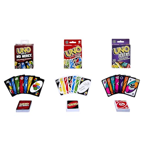 Image of ​Mattel Games UNO Greatest Hits Gift Pack with 3 Card Games, UNO, UNO Flip & UNO Show 'em No Mercy for Kids, Teens, Grown-Ups & Family Nights & Parties