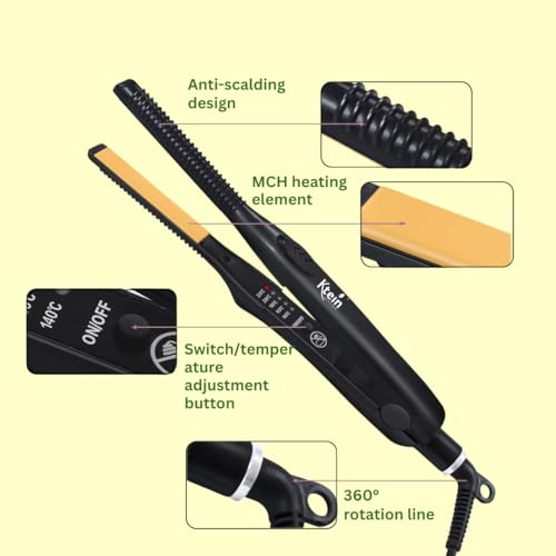 Image of Ktein Mini Flat Iron for Short Hair, Pixie Cut, Bangs, Beard & Wavy Styling | 2-in-1 Ceramic Pencil Hair Straightener for Men & Women | 5 Temp Settings | Fast Heating | Anti-Scald Design