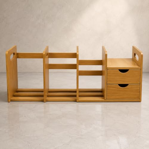 Image of Expandable Wooden Desk Organizer with 2 Drawers Adjustable Desktop Bookshelf Office Desk Storage Rack Study Table File Holder Stationery Organizer Engineered Wood Brown