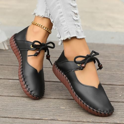 Womens Stitch PU Leather Mary Jane Flats Elegant Drawstring Strap Ballet Flat Mid Wedge Shallow Mouth Round Toe Shoes4