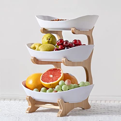 Qrenia 3 Tier Ceramic Fruit Bowl With Bamboo Wood Stand For Kitchen Counter, Fruit Bowl Basket With Holder Detachable Serving Tray, Dessert, Fruit,Cake, Candy Ceramic Storage Holder Set - White #TOP1