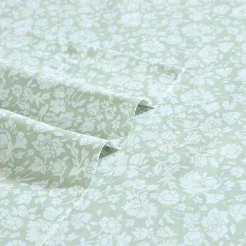 Image of Laura Ashley - Twin Size Sheet Set, Crisp & Lightweight Cotton Percale Bedding with Fitted Sheet and Pillowcase, Floral Room Decor, Deep Pocket, College Dorm Room Essentials (Heirloom Ditzy Green)