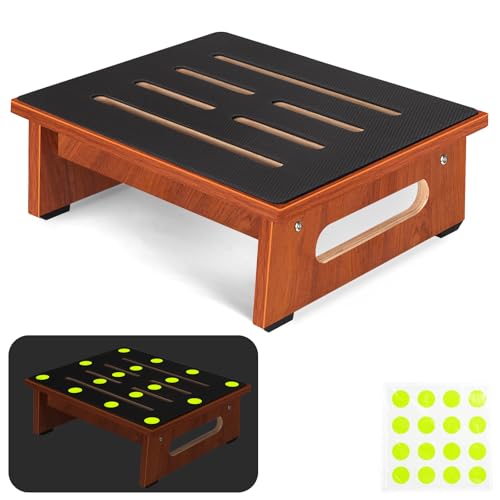 Image of One Step Stool for Adults Seniors with Non-Slip Rubber Stepping Feet, Heavy Duty Wooden Step Stools for Bathroom, Bedroom, Kitchen & Bedside Support (Rustic Brown, 5.5 Inch-Noctilucent)