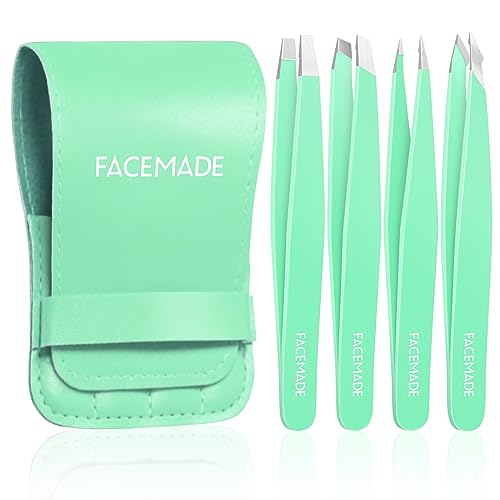FACEMADE 4 Pack Tweezers Set - Professional Stainless Steel for Men and Women, Precision Eyebrow Facial Hair, Chin, Ingrown Hair Removal (Green) (T4)