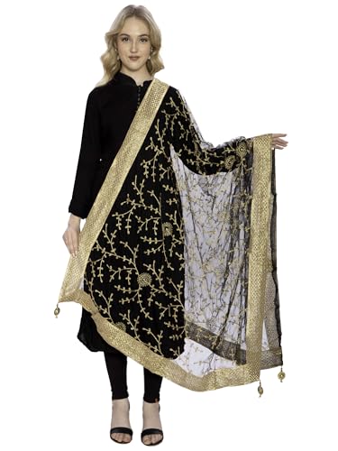 Image of ZEN APPAREL Women's Embroidered Net Dupatta with Lace Borders (Z-101) Premium Net Fabric Golden Aari Work