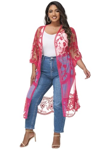 Image of Anna-Kaci Women's Plus Size Lace Cardigan Embroidered Long Kimono Dusters with Half Sleeves