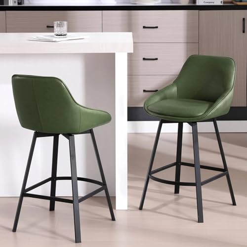 Image of Zesthouse Swivel Counter Height Stools Set of 2, Modern Upholstered Barstools with Backs, 26'' Faux Leather High Chairs for Island Kitchen, Counter Height Chairs with Metal Legs, Green