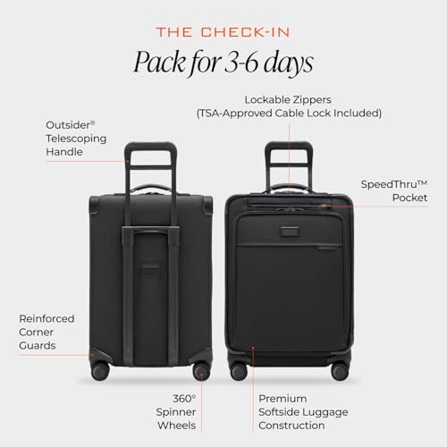 Image of Briggs & Riley 24 Inch Compact Checked Suitcase Luggage with Wheels - Zipperless Compression Expansion System, 360 Spinner, Flat Packing Interior, Accessible Front Pocket - Baseline Collection - Black