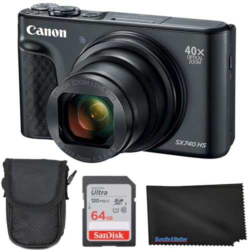 Canon PowerShot SX740 HS Digital Camera (Black) 4PC Bundle - Includes 64GB SD Memory Card + Point & Shoot Case + Microfiber Cleaning Cloth