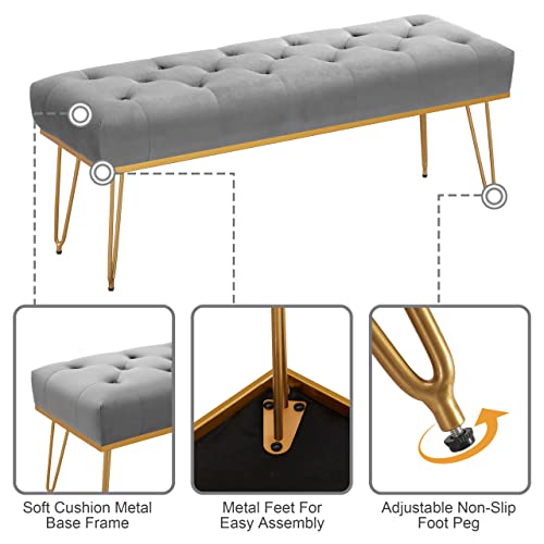 Kingfun Velvet Bedroom Bench With Gold Base&Metal Legs, Tufted Upholstered End Of Bed Bench, Indoor Benches For Entryway Dining Living Room Window, Accent Ottoman Bench Long Seat Foot Rest Stool(Grey) #TOP4