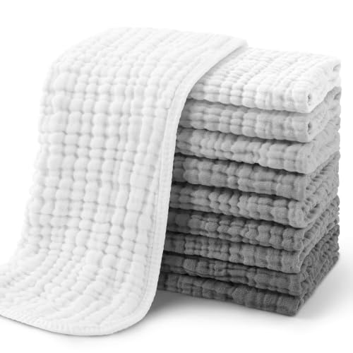 Image of Yoofoss Muslin Burp Cloths for Baby 10 Pack 100% Cotton Baby Washcloths for Boys Girls Large 20''X10'' Super Soft and Absorbent Gradient Grey