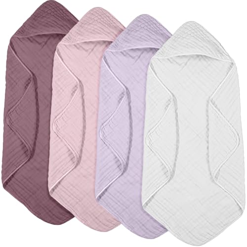Image of Peryiter 4 Pcs Muslin Hooded Baby Towels, 32 inchx 32 inch Cotton Newborn Bath Towel Muslin Infant Baby Blankets Absorbent Unisex Newborn Registry Gift Essentials for Girls Boys (Boho Colors)