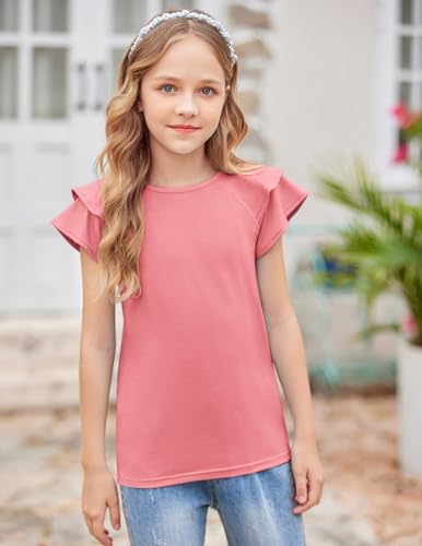 Image of Girls T Shirts Ruffle Short Sleeve Round Neck Loose Blouse Summer Solid Color Casual Girl Tee Tops for 3-12 Years