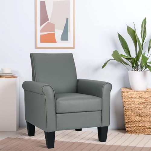 Lohoms Mid-Century Modern Accent Chair, Overstuffed Leather Chairs for Living Room,Upholstered Comfy Club Chair Fake Faux Leather Armchair for Bedroom Apartment Office Lounge, PU Leather, Grey