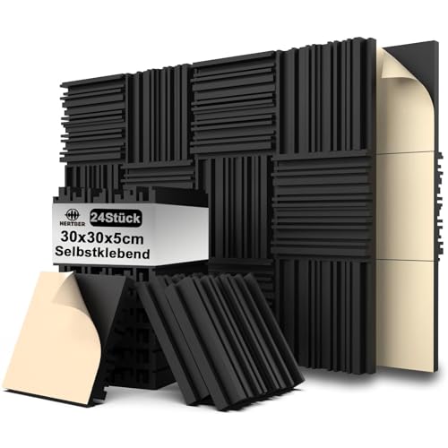 HERTBER 24 Stück Akustikschaumstoff Selbstklebend Schwarz Gerillte Akustikpaneele 30 x 30 x 5 cm Hohe Dichte Wandpaneele für Schalldämmung Schallschutzplatten für Gaming Zimmer und Büro