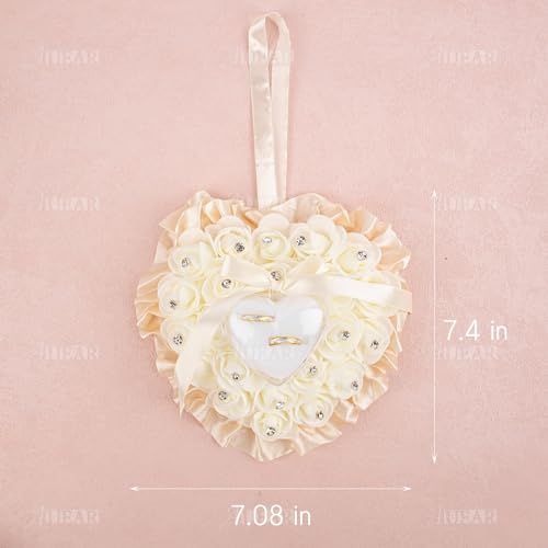 AUEAR, Beige Heart Shaped Ring Bearer Box Lace Rose Pillows for Wedding Ceremony Party